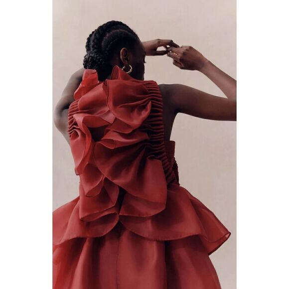 Aje. Asra Pleated Frill Midi Dress in Mahogany Red NWT Size 12/ US 8 - Picture 7 of 11